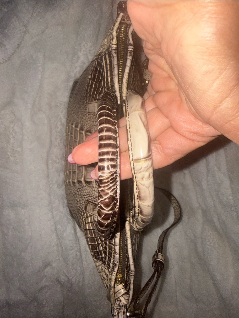 Brahmin Metallic Croc-Embossed Satchel in Bronze and Cream - Picture 5 of 5